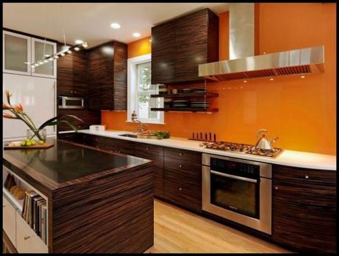 Brown Cabinets and Warm Orange Walls